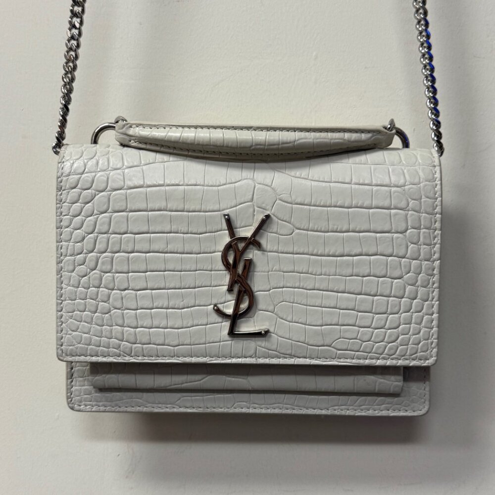 Saint Laurent Calfskin Crocodile Embossed Medium Monogram Sunset Chain Bag